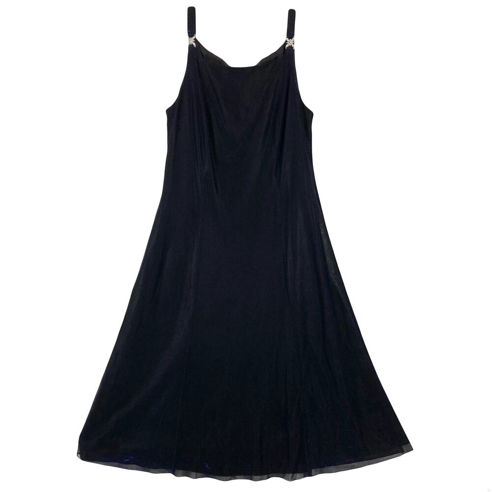 Vintage BETSY ADAM JASLENE Dress 14 Black Iridescent-Blue Jewel-Broaches Chiffon